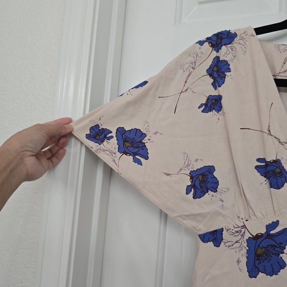 FREE PEOPLE MELANIE Blue FLORAL Beige RUCHED SLEEVE MINI DRESS SZ 0 Babydoll - Picture 6 of 16